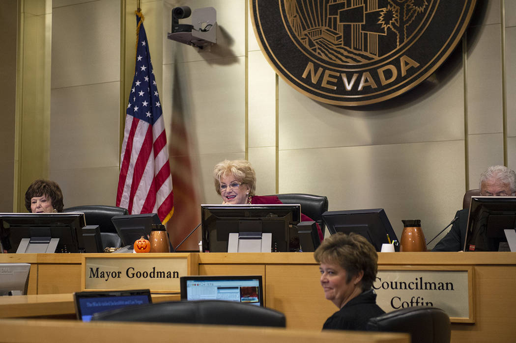 Members of the Las Vegas City Council listen to the Garehime Elementary School fifth grade clas ...