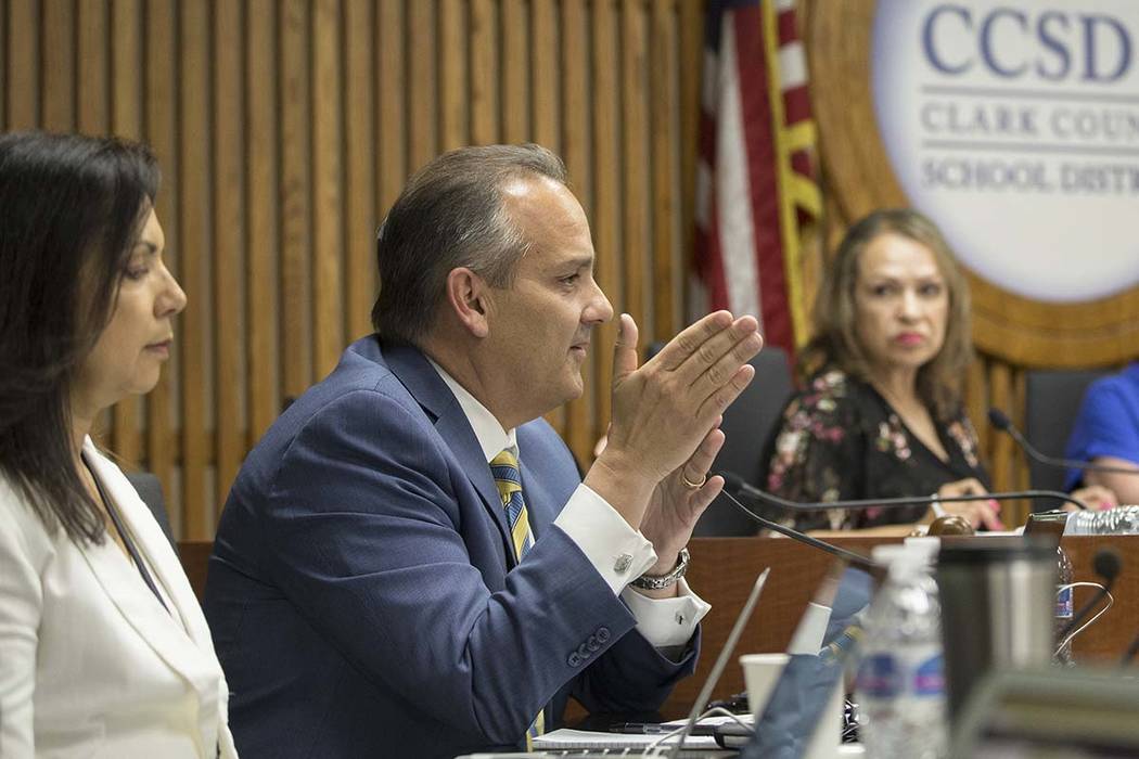 Clark County School Superintendent Dr. Jesus Jara addresses the Clark County School District Bo ...