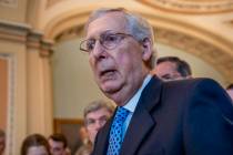 In a June 18, 2019, photo, Senate Majority Leader Mitch McConnell, R-Ky., speaks at the Capitol ...