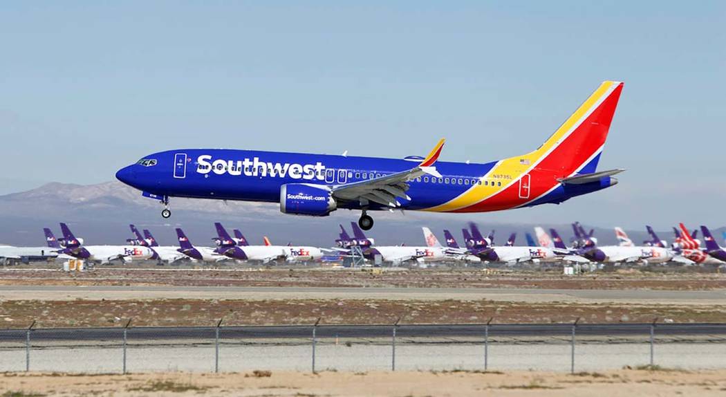 In this March 23, 2019 file photo a Southwest Airlines Boeing 737 Max aircraft lands at the Sou ...