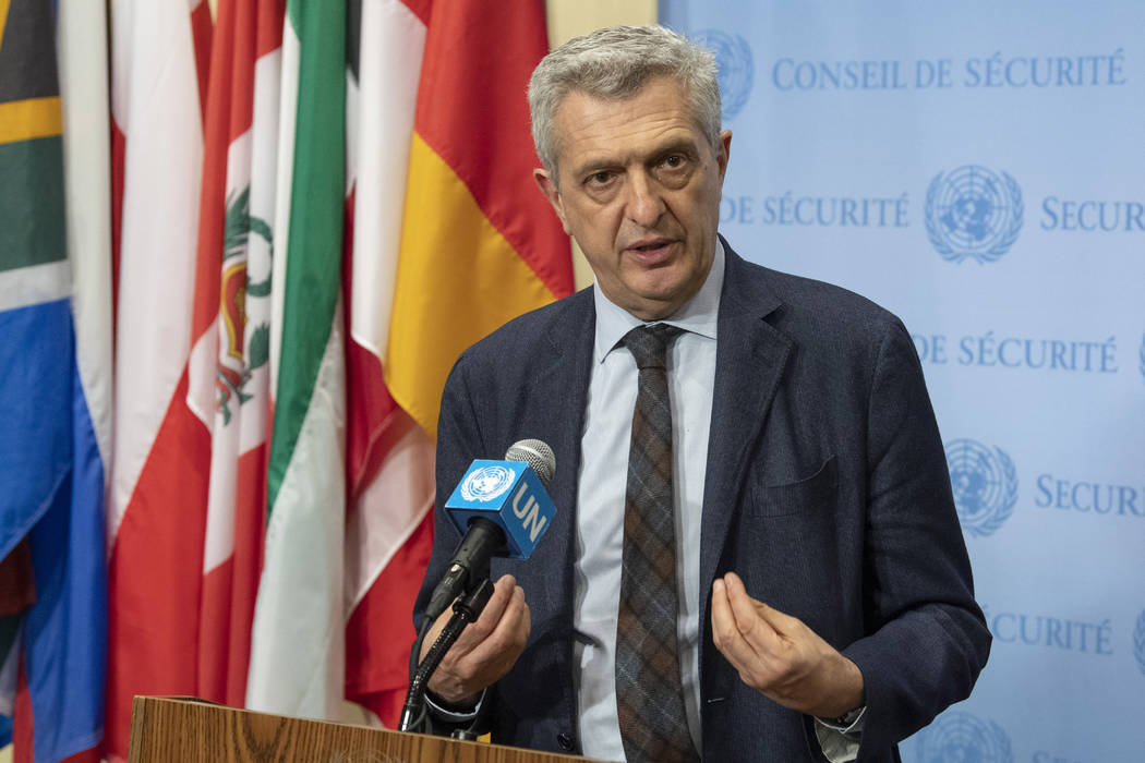 In this April 19, 2019 photo provided by the United Nations, Filippo Grandi, the United Nations ...