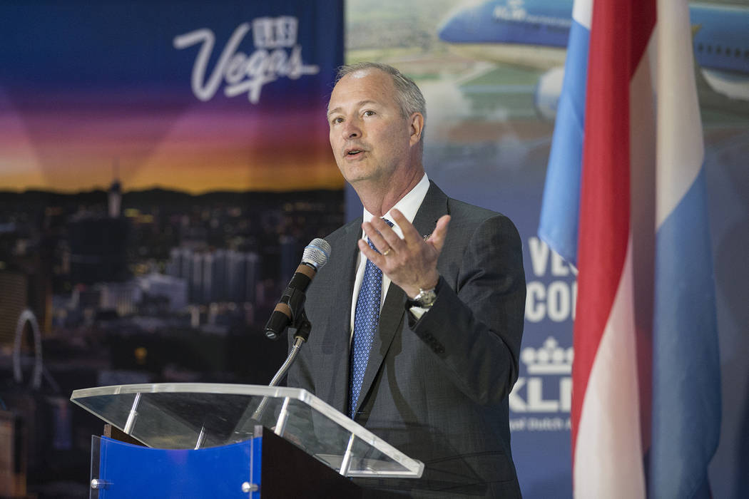 Steve Hill, President and CEO of Las Vegas Convention and Visitors Authority, address the crowd ...