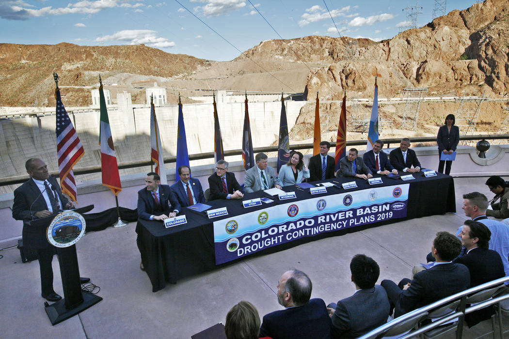 Terry Fulp, Lower Colorado Regional Director for the Bureau of Reclamation, far left, addresses ...