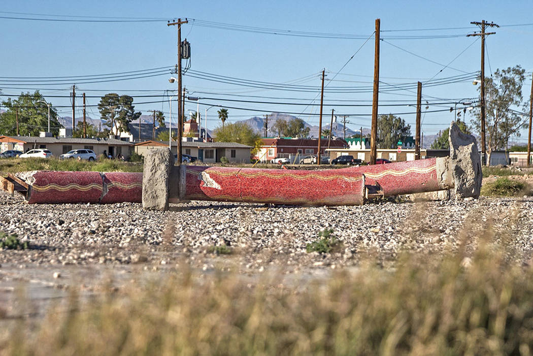 A trio of red mosaic columns are among the few relics left of the Moulin Rouge on April 20, 201 ...