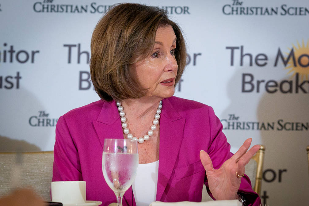 House Speaker Nancy Pelosi speaks to journalists at a breakfast sponsored by The Christian Scie ...