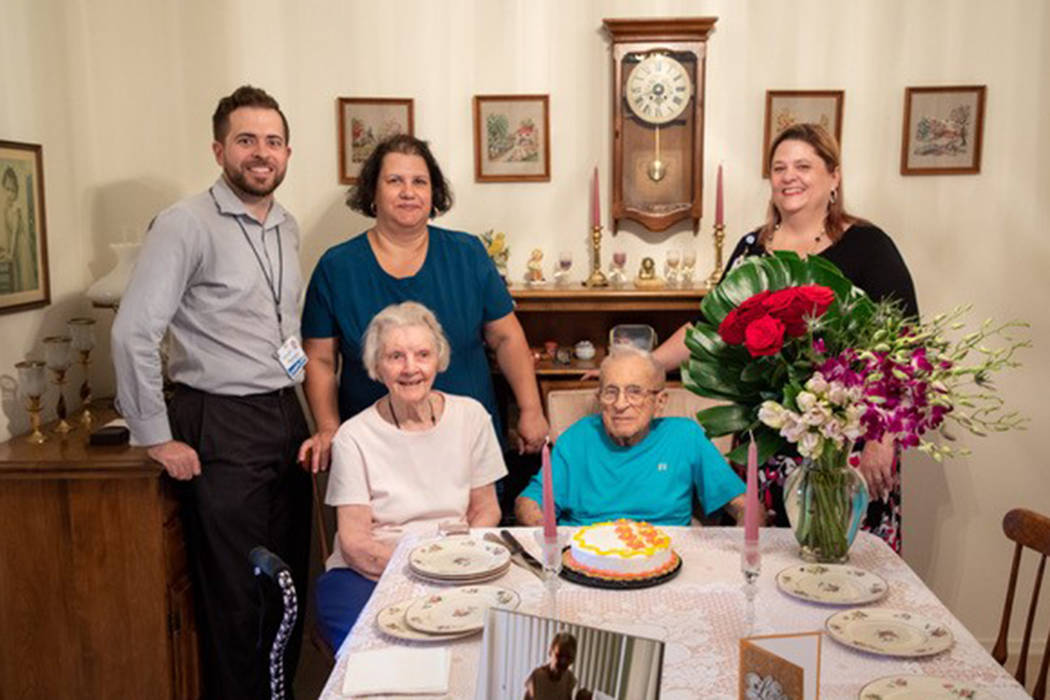 Nancy and Byron Houseworth, sitting, mark their 76th wedding anniversary with Chaplain Richard ...