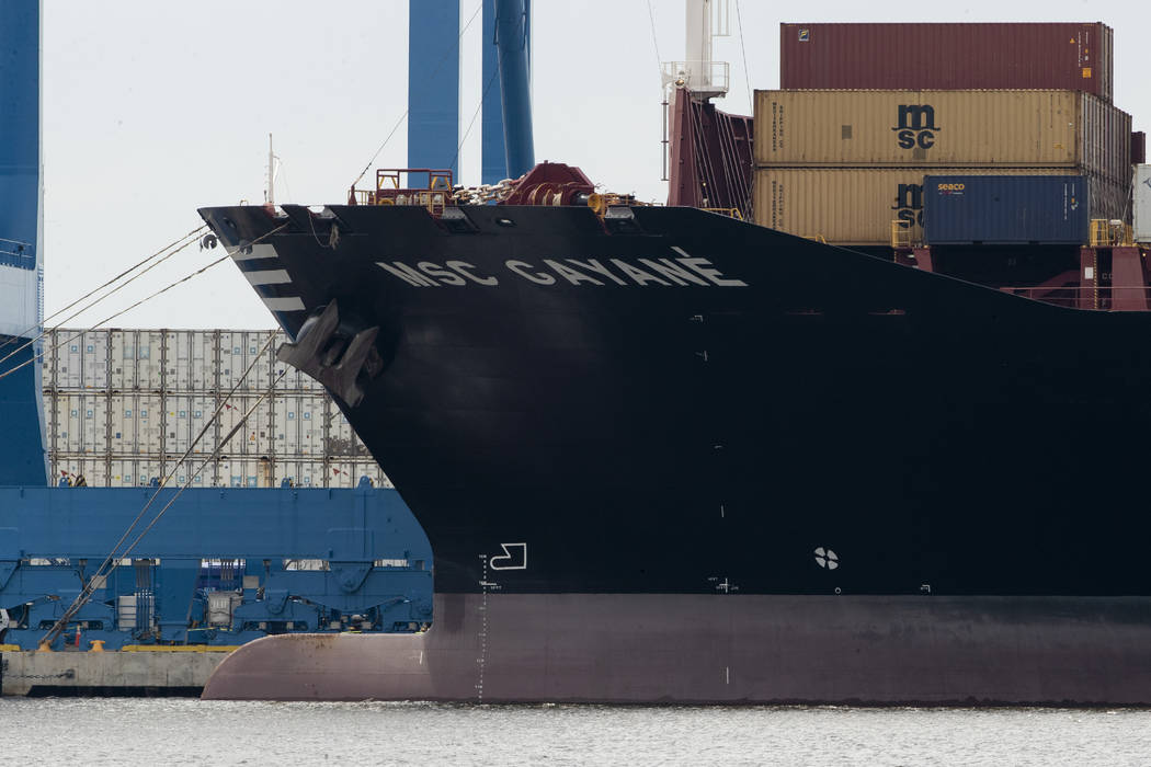 This photo shows the MSC Gayane container ship on the Delaware River in Philadelphia, Tuesday, ...