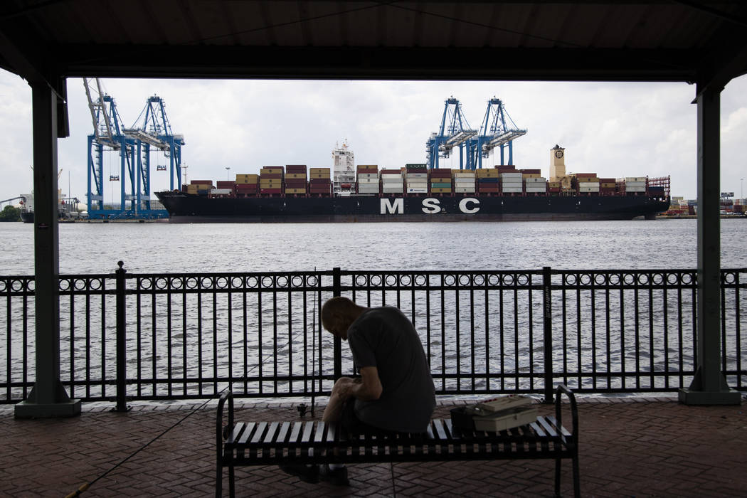 This photo shows the MSC Gayane container ship on the Delaware River in Philadelphia, Tuesday, ...