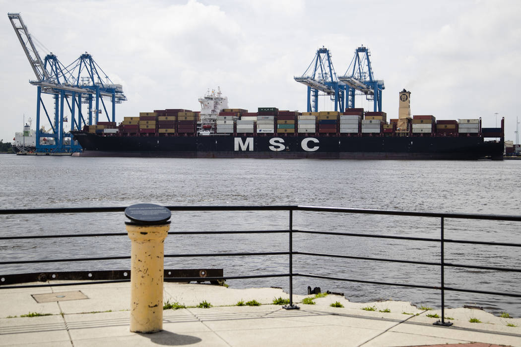 This photo shows the MSC Gayane container ship on the Delaware River in Philadelphia, Tuesday, ...