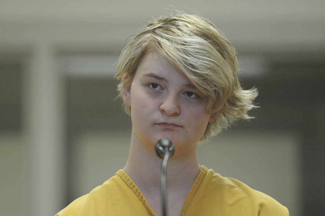 In this Sunday, June 9, 2019 photo, Denali Brehmer, 18, stands at her arraignment in the Anchor ...