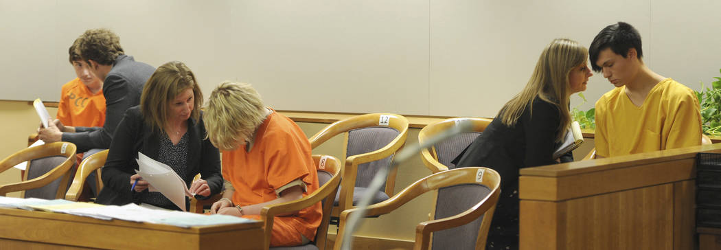 From left, Kayden McIntosh, 16, Denali Brehmer, 18, and Caleb Leyland, 19, are arraigned by a S ...