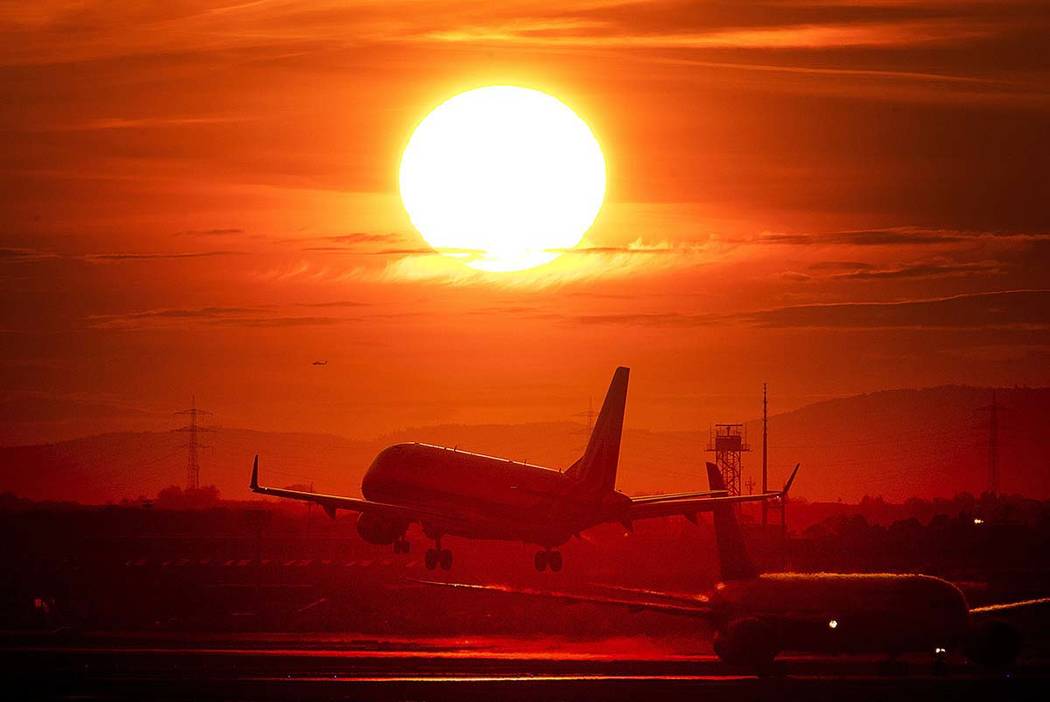 In a March 20, 2019, file photo an aircraft lands at the international airport in Frankfurt, Ge ...