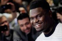 Zion Williamson, a freshman from Duke, attends the NBA Draft media availability, Wednesday, Jun ...