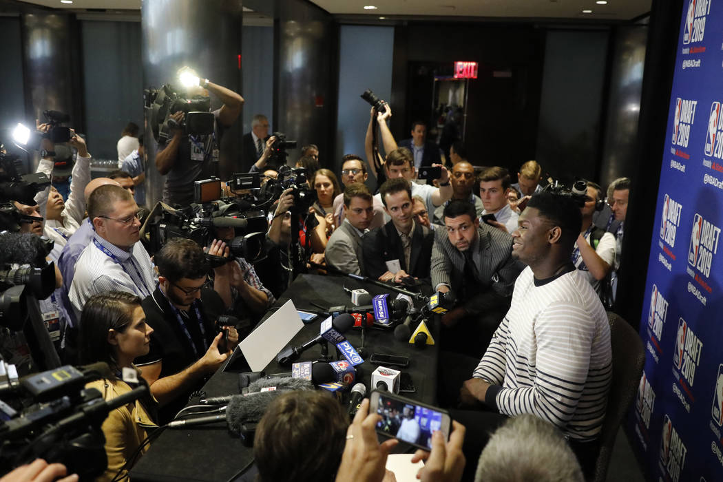 Zion Williamson, a freshman basketball player from Duke, attends the NBA Draft media availabili ...