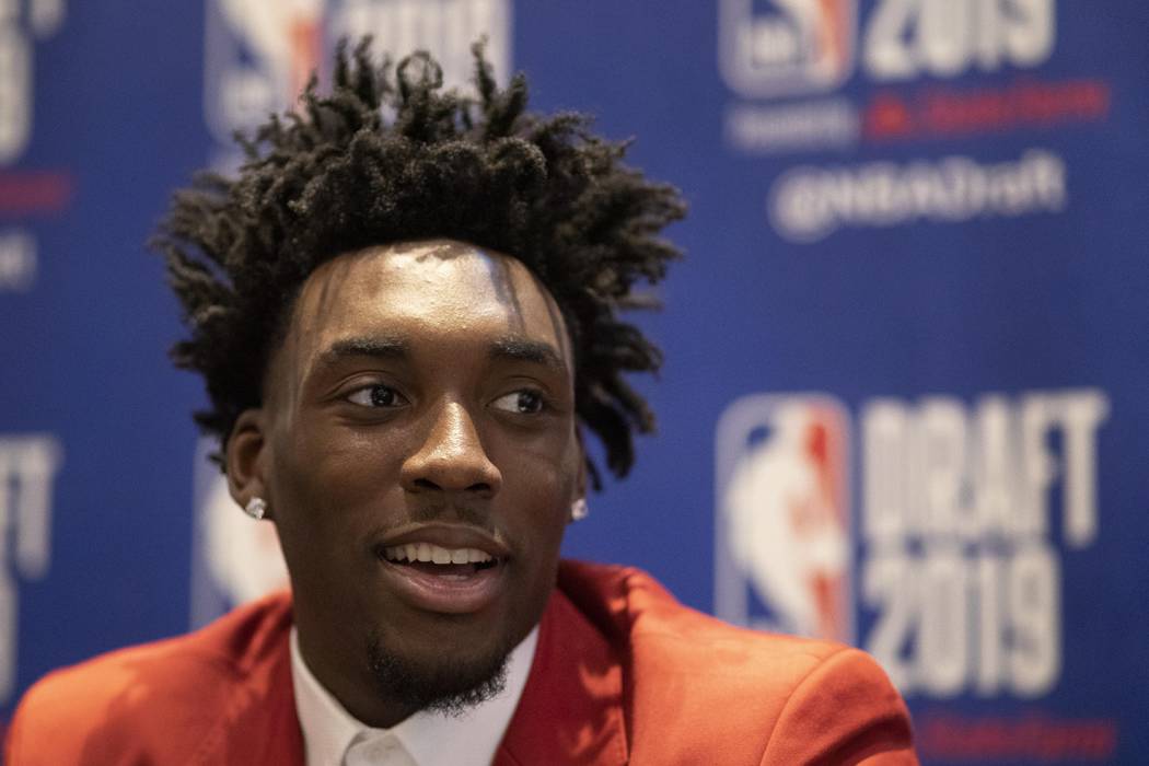 Nassir Little, a freshman basketball player from North Carolina, attends the NBA Draft media av ...