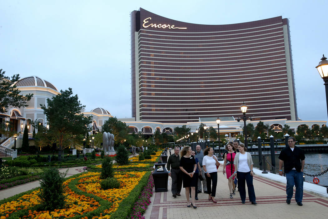 Guests take in the Mystic River during an invitation-only party at Encore Boston Harbor Thursda ...