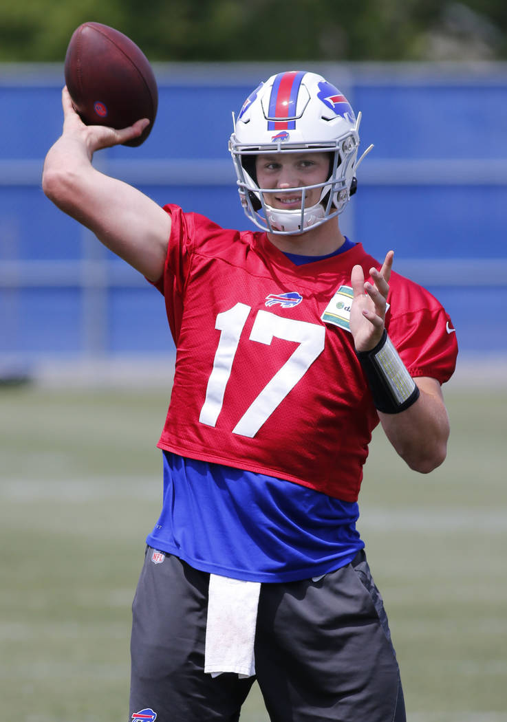 Buffalo Bills quarterback Josh Allen (17) throws a pass during an NFL football team practice We ...