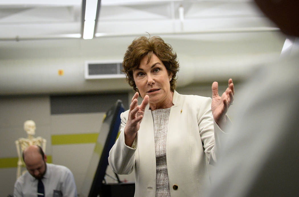 Sen. Jacky Rosen, D-Nev., speaks to a room of students and faculty members as she visits the UN ...