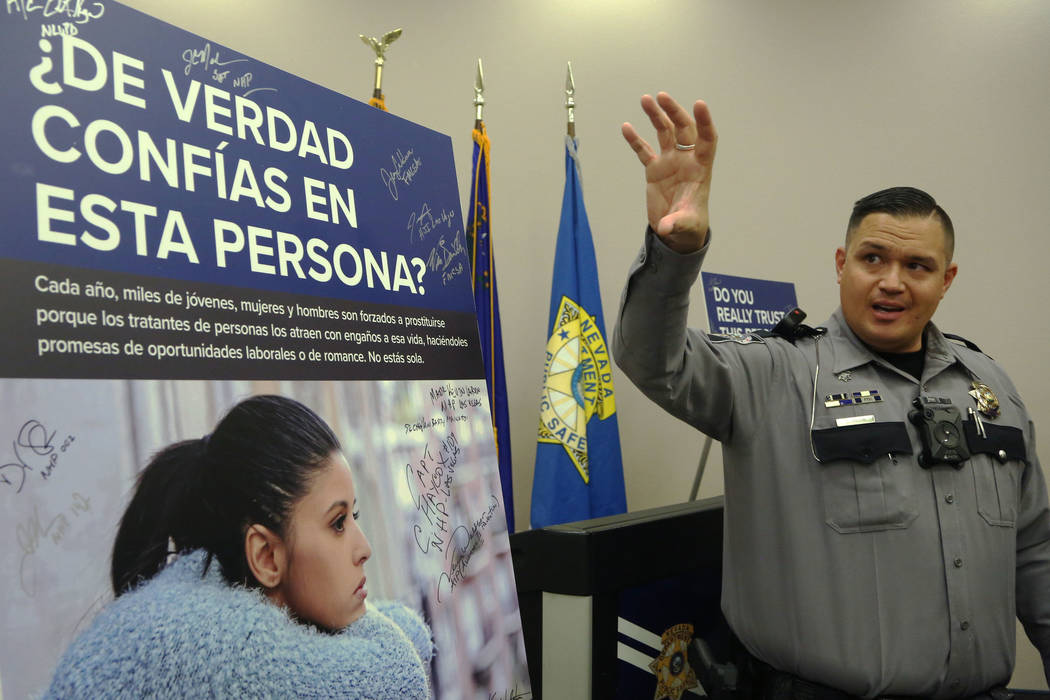 Trooper Brian T. Drohn speaks during the media day to bring awareness to human trafficking at N ...