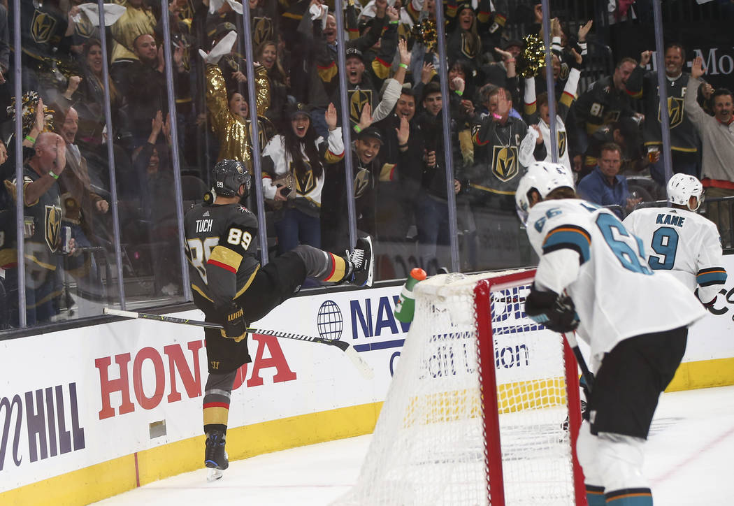 Golden Knights right wing Alex Tuch (89) celebrates his goal against San Jose Sharks goaltender ...