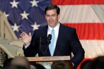 In a April 15, 2019, file photo, Secretary of the Army Mark Esper speaks to soldiers and family ...