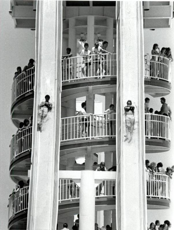 Two riders race to the bottom on a slide at Wet 'n Wild on Las Vegas Boulevard in 1988. (Gary T ...