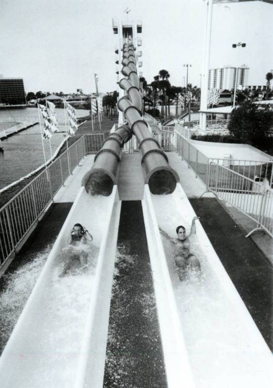 Guests hit the water after completing a slide at Wet 'n Wild on Las Vegas Boulevard in 1989. (L ...