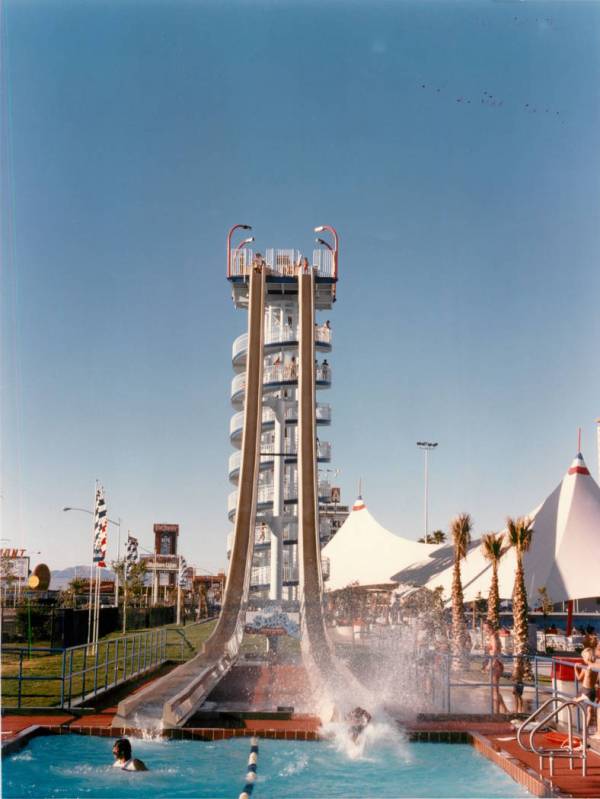 A rider hits the water after sliding down a ride at at Wet 'n Wild on Las Vegas Boulevard in 19 ...