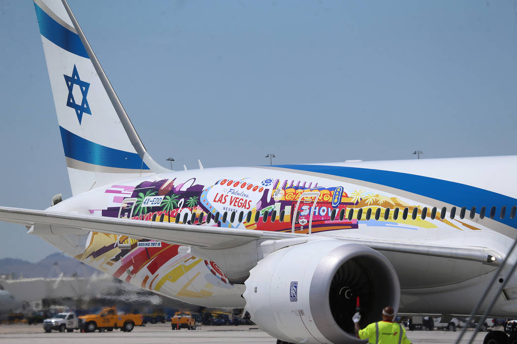 An El Al Israel Airlines flight from Tel Aviv, Israel, lands at McCarran International Airport ...