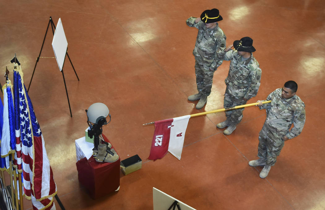 Nevada Army Guard Soldiers in the 1st Squadron 221st Cavalry prepare for a memorial service fo ...