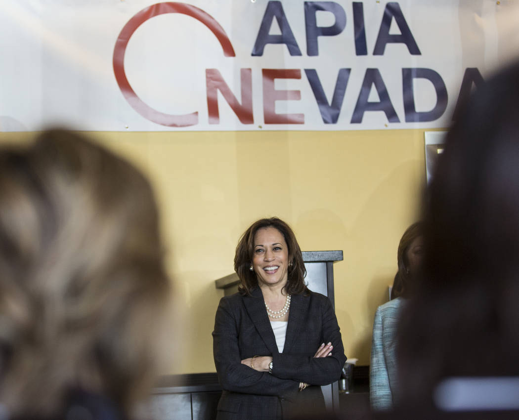 Presidential candidate Sen. Kamala Harris, D-Calif., waits to speak during a meet and greet wit ...