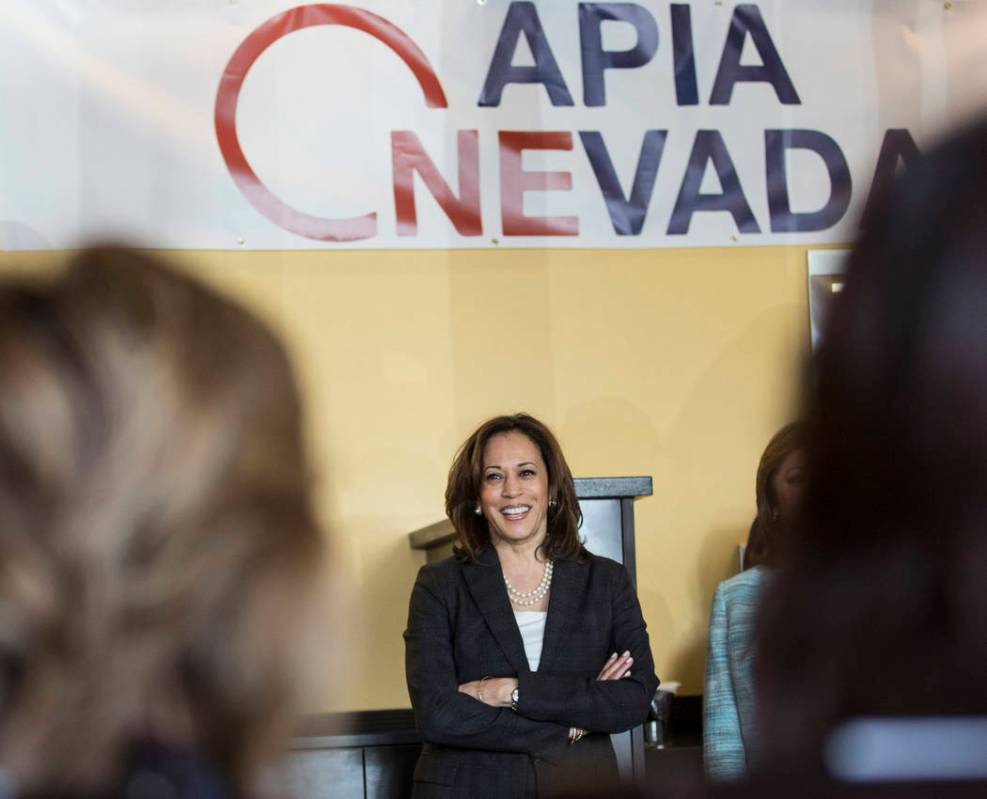 Presidential candidate Sen. Kamala Harris, D-Calif., waits to speak during a meet and greet wit ...