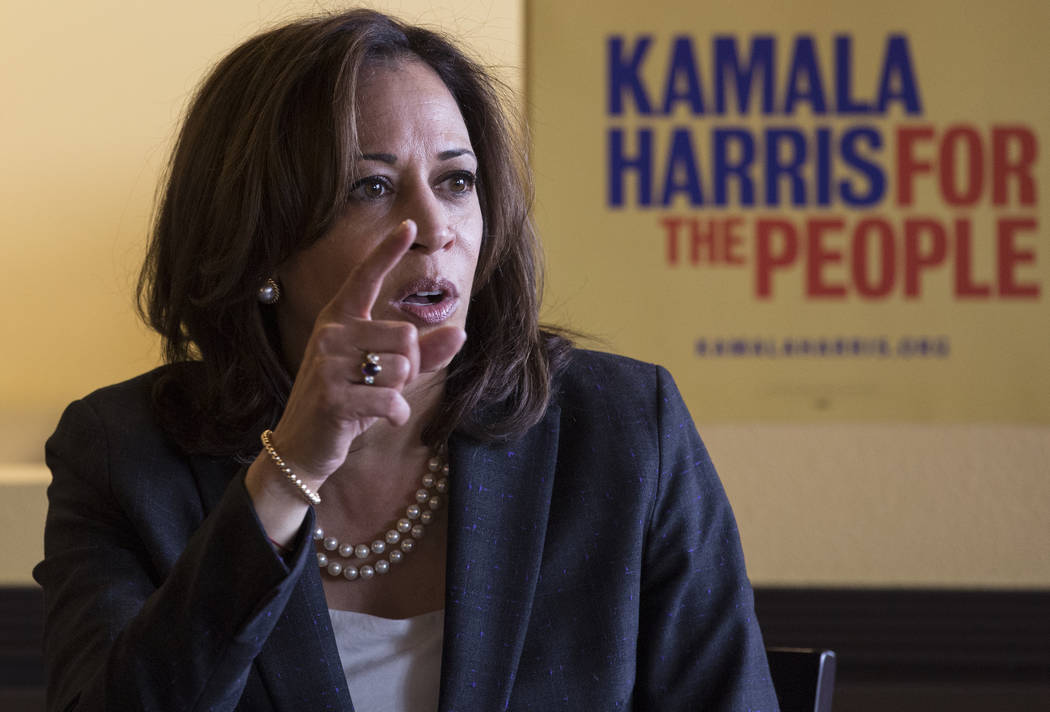 Presidential candidate Sen. Kamala Harris, D-Calif., addresses the audience during a meet and g ...