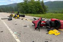 This photo provided by Miranda Thompson shows the scene where several motorcycles and a pickup ...