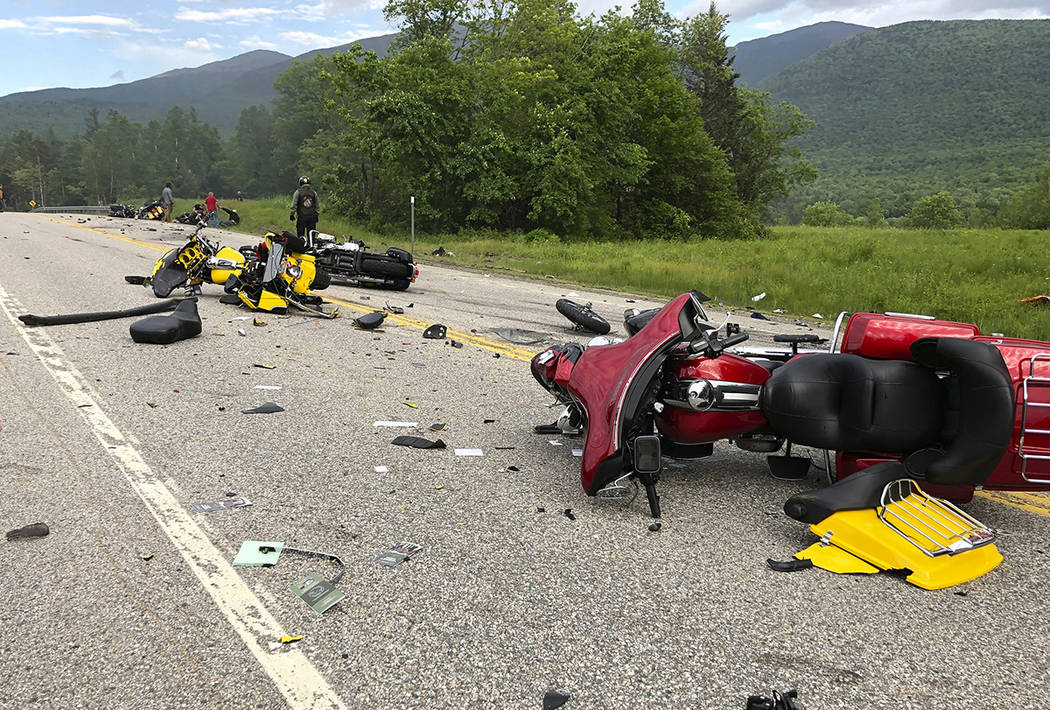 This photo provided by Miranda Thompson shows the scene where several motorcycles and a pickup ...