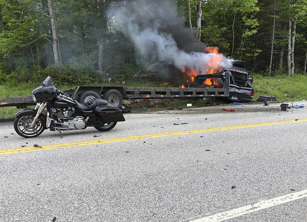 This photo provided by Miranda Thompson shows the scene where several motorcycles and a pickup ...