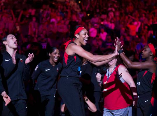 Las Vegas Aces center A'ja Wilson (22) is announced before the start of Vegas' WNBA game with t ...