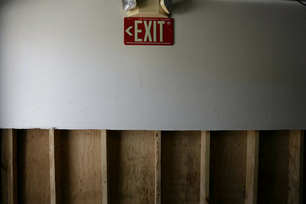 This photo taken Wednesday, April 17, 2019 shows sheetrock repairs underway at the Jones County ...