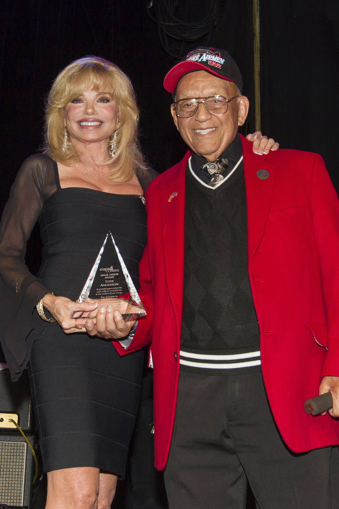 FILE - In this Sept. 11, 2013 file photo, actress Loni Anderson, left, receives the Millie Tayl ...