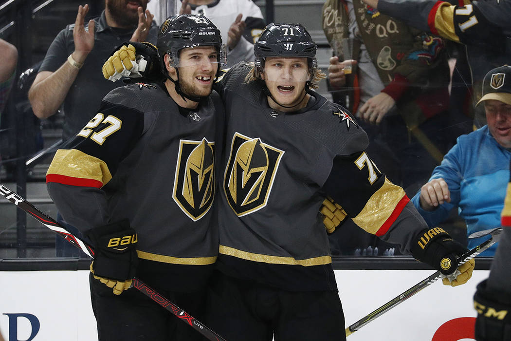 Vegas Golden Knights defenseman Shea Theodore (27) celebrates after Vegas Golden Knights center ...