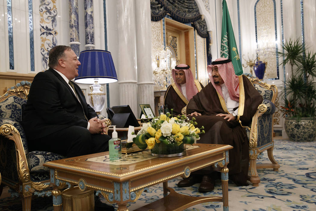 U.S. Secretary of State Mike Pompeo, left, meets with King Salman, right, at Al Salam Palace in ...