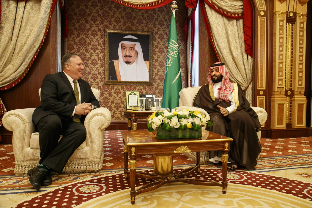 Secretary of State Mike Pompeo meets with Saudi Arabia's Crown Prince Mohammed bin Salman, righ ...