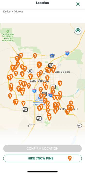 A screen capture of the 7Now app, which shows available delivery locations in the Las Vegas Val ...