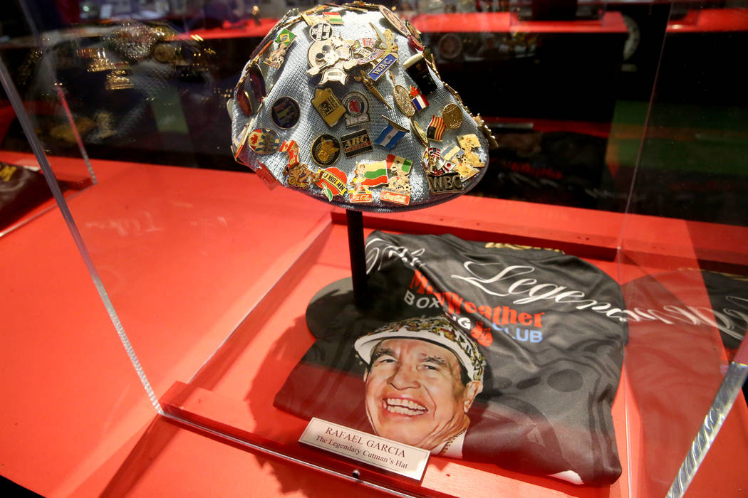 Cutman Rafael Garcia's hat on display at the recently-opened Nevada Boxing Hall of Fame inside ...