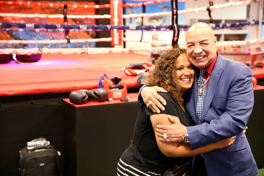 International Boxing Hall of Fame referee Joe Cortez gets a hug from Nevada Boxing Hall of Fame ...