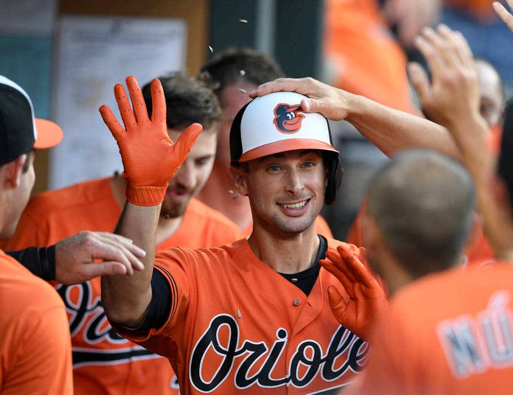 Baltimore Orioles' Joey Rickard celebrates his home run with teammates in the dugout during the ...