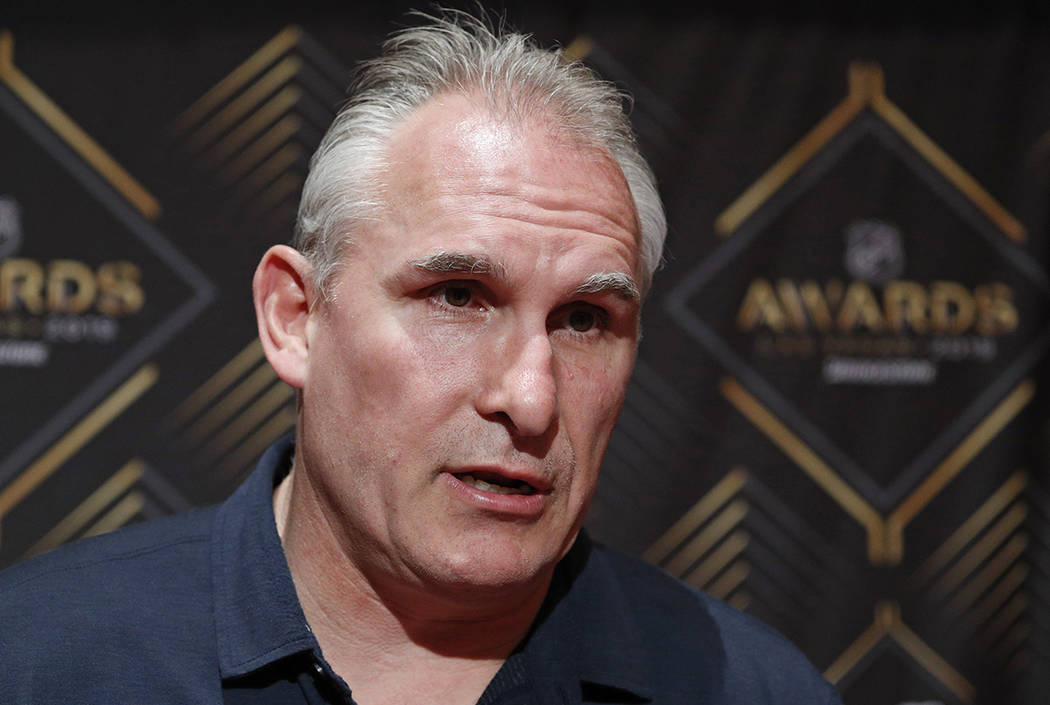 Craig Berube of the St. Louis Blues speaks with the media during a news conference for the NHL ...