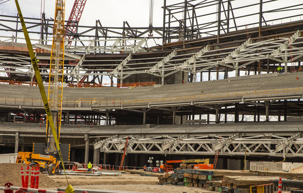 Platforms are being installed which will hold seating in the Raiders Stadium as construction co ...