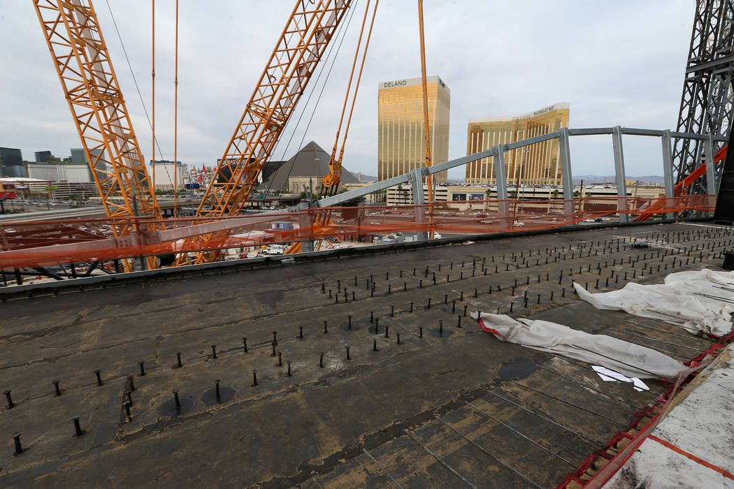 Bolts on the mark where the sliding doors for the future Raiders stadium in Las Vegas, Tuesday, ...