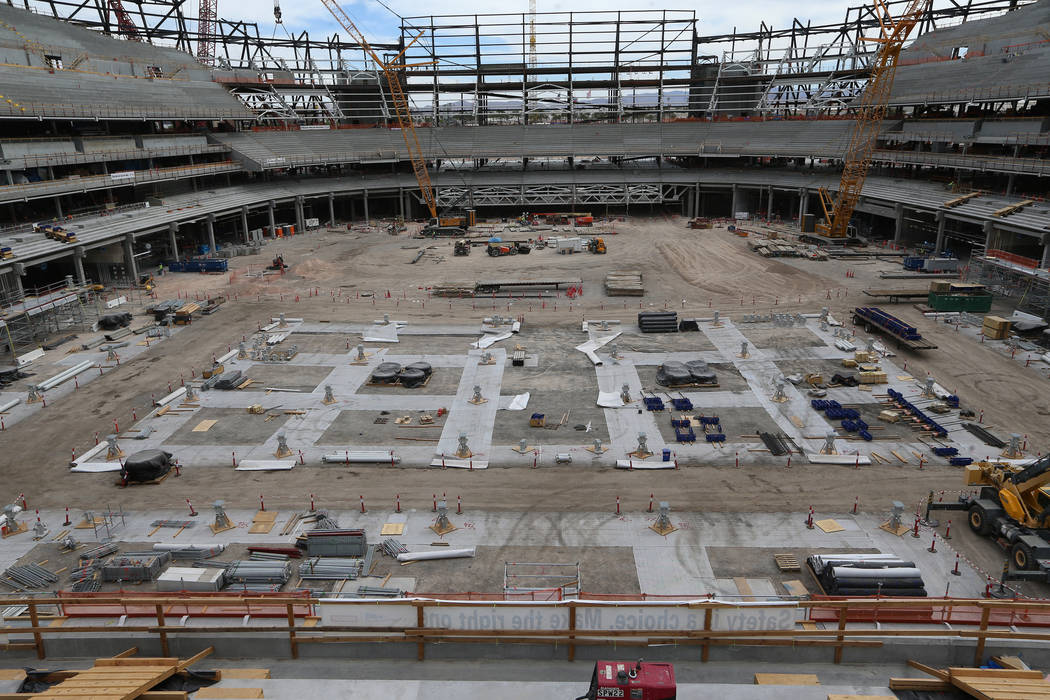 The Raiders stadium construction site in Las Vegas, Tuesday, June 25, 2019. (Erik Verduzco / La ...